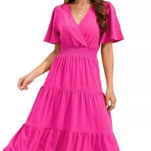 V Neck Midi Dress Long Sleeve Smocked Waist Tiered A Line Pleated Flowy Long